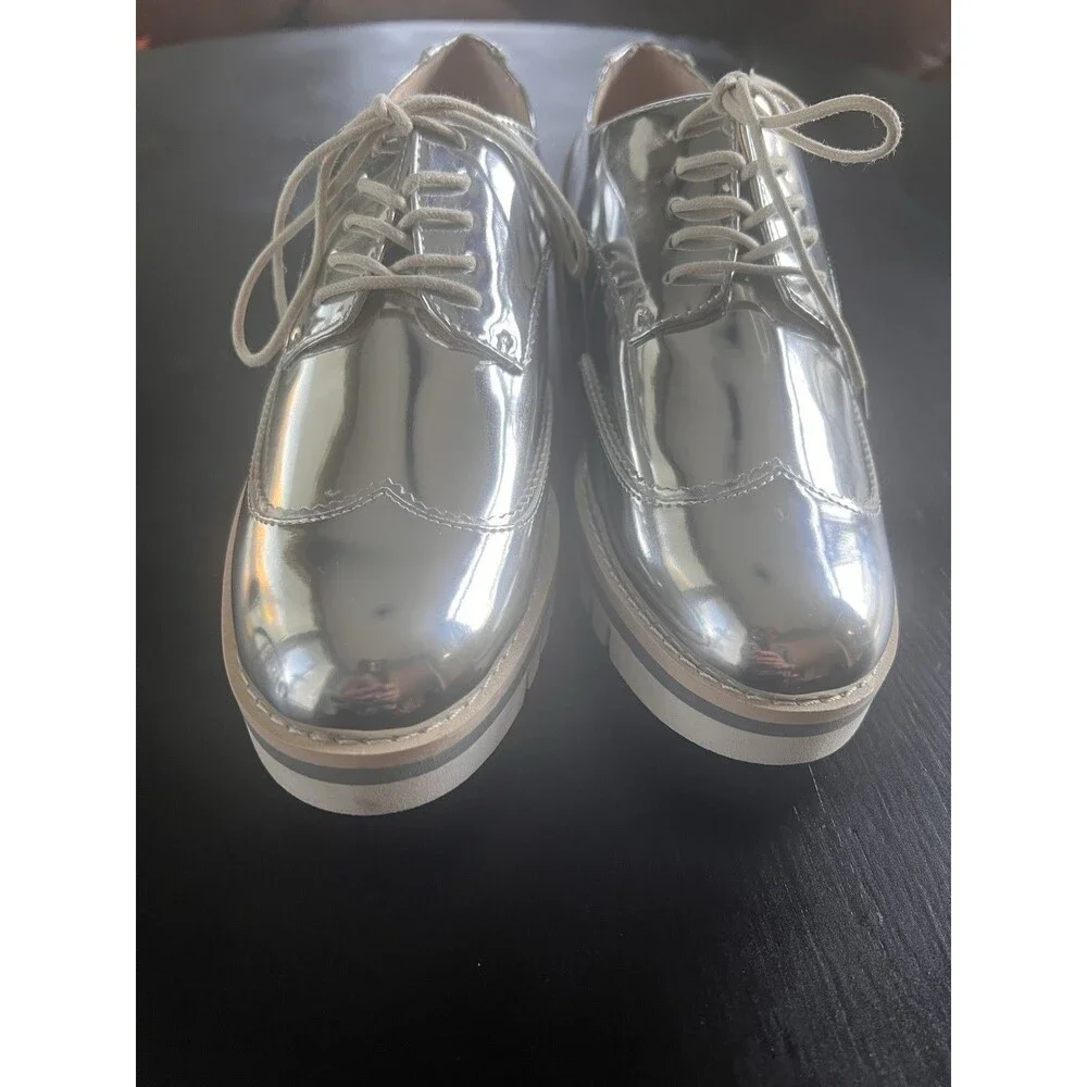 ZARA Women's EU 37 US 6.5 Metalic Silver Lace up Platform Oxford Shoes Oxfords - Picture 2 of 6